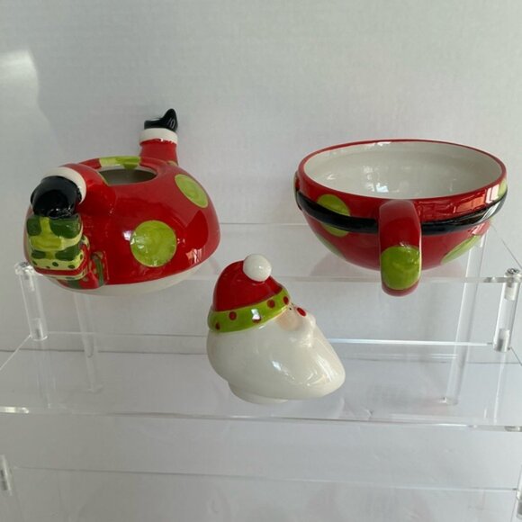 Vintage Santa Teapot Tea For One Holiday Red Green Polka Dot Crackle Barrel - Picture 7 of 16